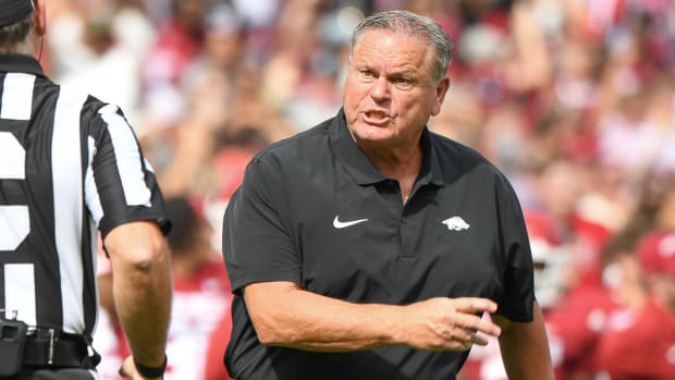 Razorbacks coach Sam Pittman on sidelines against Mississippi State on Saturday